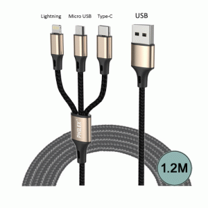 • High compatibility with 3 purposes in one cable • With Lightning, Type-C, Micro USB connector • Reinforced connector without breakage • Smart chip, protecting devices by stable voltage and shut • Woven nylon cable & high grade aluminum alloy plug housing • Cable length: 1.2 meters • Colour Available: Gold/Black, Gray/Black, 12/96